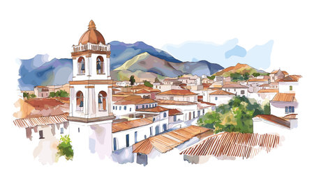 Sucre Historic Center. Sucre Historic Center hand drawn watercolor illustration on white backgroundのイラスト素材