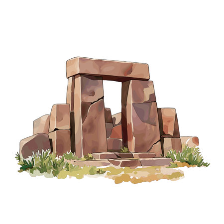 Tiwanaku Archaeological Site. Tiwanaku Archaeological Site hand drawn watercolor illustration on white backgroundのイラスト素材