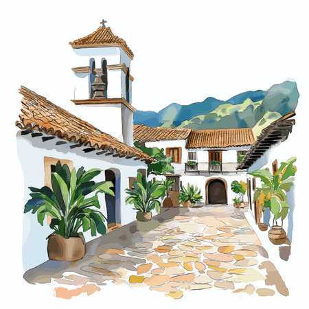 Villa de Leyva. Villa de Leyva hand drawn watercolor illustration on white backgroundのイラスト素材