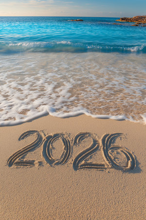 Happy New Year 2026 written on beach sand. 2026 banner