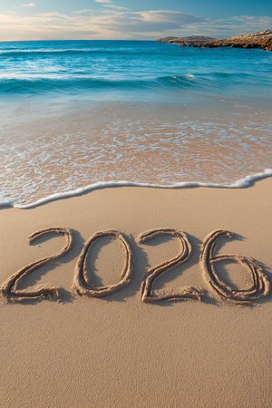 Happy New Year 2026 written on beach sand. 2026 banner