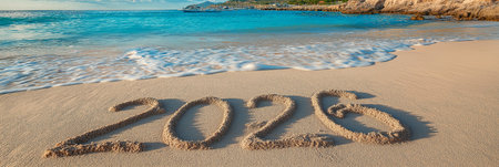 Happy New Year 2026 written on beach sand. 2026 banner