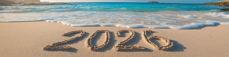 Happy New Year 2026 written on beach sand. 2026 bannerの写真素材