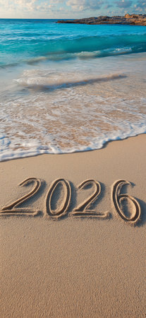 Happy New Year 2026 written on beach sand. 2026 banner