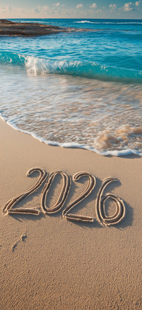 Happy New Year 2026 written on beach sand. 2026 banner