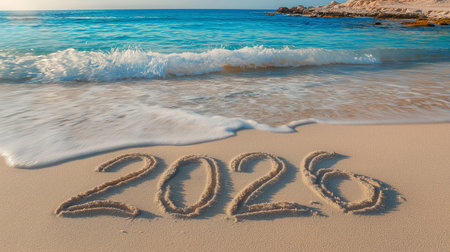 Happy New Year 2026 written on beach sand. 2026 banner