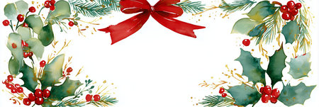 Watercolor festive frame featuring holly, pine branches, and a red ribbon bowの写真素材