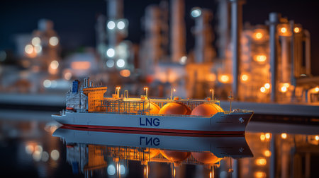 Lng carrier vessel transporting liquefied natural gas from industrial plant with storage tanks. LNG...