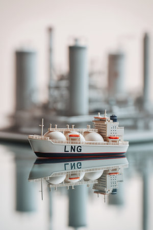 Lng carrier vessel transporting liquefied natural gas from industrial plant with storage tanks. LNG tanker.の写真素材