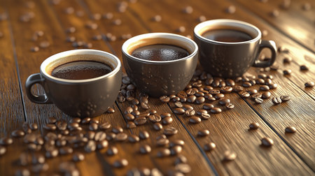 Cups of fresh coffee with foam art on a rustic oak wooden table with scattered roasted beans. Cup of...