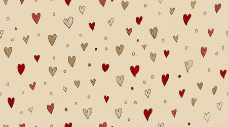 Scattered red and gold hearts forming a romantic tiled pattern on a light background. Seamless heart patternの写真素材