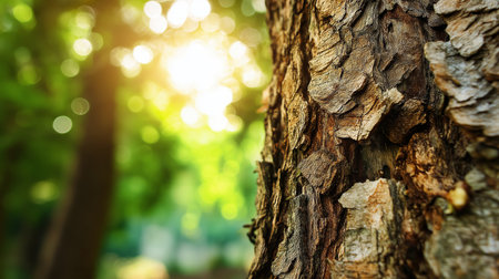 Close-up of tree bark with bright sun rays filtering through green leaves in a forest background....