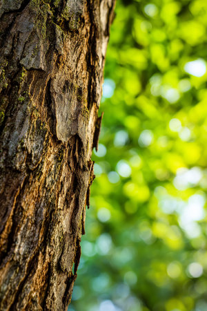 Close-up of tree bark with bright sun rays filtering through green leaves in a forest background....