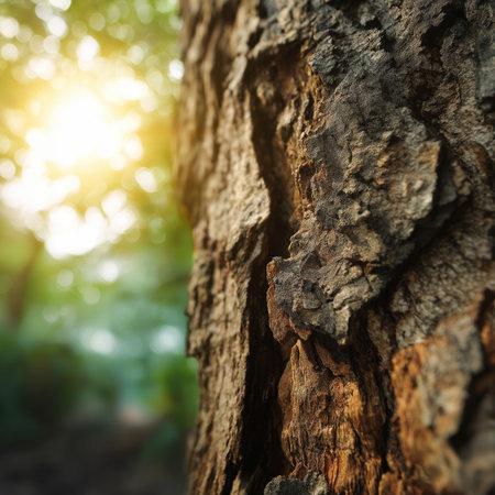 Close-up of tree bark with bright sun rays filtering through green leaves in a forest background. Nature wallpaperの写真素材