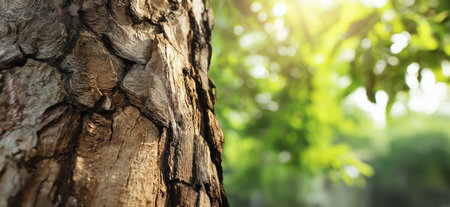 Close-up of tree bark with bright sun rays filtering through green leaves in a forest background....