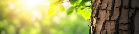 Close-up of tree bark with bright sun rays filtering through green leaves in a forest background....
