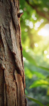 Close-up of tree bark with bright sun rays filtering through green leaves in a forest background. Nature wallpaperの写真素材