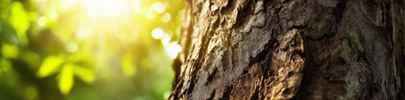 Close-up of tree bark with bright sun rays filtering through green leaves in a forest background....