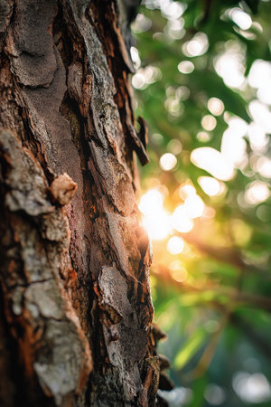 Close-up of tree bark with bright sun rays filtering through green leaves in a forest background. Nature wallpaperの写真素材