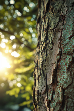 Close-up of tree bark with bright sun rays filtering through green leaves in a forest background. Nature wallpaperの写真素材