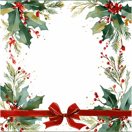 Watercolor christmas frame with holly and pine. Christmas vector templateのイラスト素材
