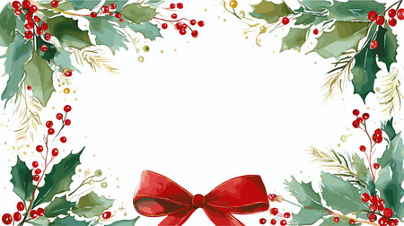 Watercolor christmas frame with holly and pine. Christmas vector templateのイラスト素材