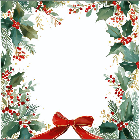 Watercolor christmas frame with holly and pine. Christmas vector templateのイラスト素材