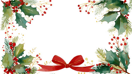 Watercolor christmas frame with holly and pine. Christmas vector templateのイラスト素材
