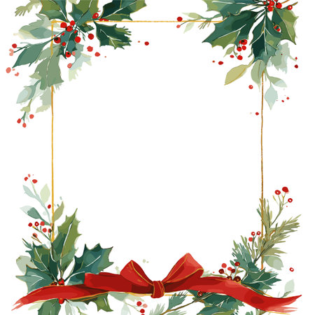 Watercolor christmas frame with holly and pine. Christmas vector templateのイラスト素材