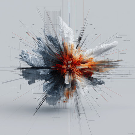 Visualizing complex data network connection with scattered particles and connected linesの写真素材