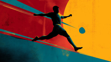 Football poster. Soccer wallpaper. Football player dribbling soccer ball on abstract background - colorful graphic designの写真素材