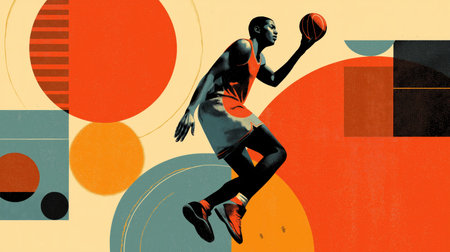 Basketball poster. Basketball wallpaper. Silhouette of a player on abstract background - colorful graphic designの写真素材