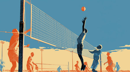 Volleyball poster. Volleyball wallpaper. Silhouette of a player on abstract background - colorful graphic designの写真素材