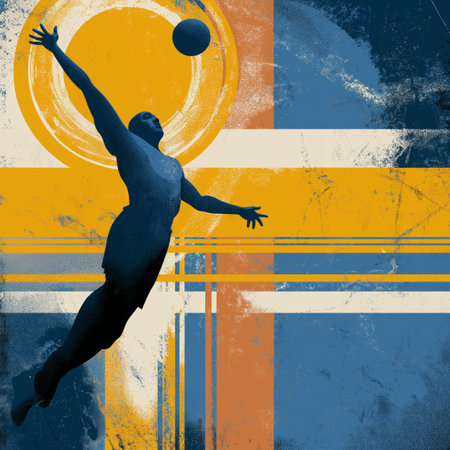 Volleyball poster. Volleyball wallpaper. Silhouette of a player on abstract background - colorful graphic designの写真素材