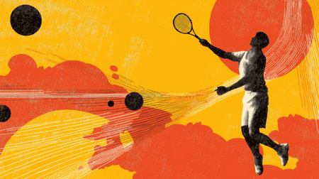 Tennis poster. Tennis wallpaper. Silhouette of a player on abstract background - colorful graphic designの写真素材