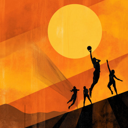 Volleyball poster. Volleyball wallpaper. Silhouette of a player on abstract background - colorful graphic designの写真素材