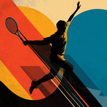Tennis poster. Tennis wallpaper. Silhouette of a player on abstract background - colorful graphic designの写真素材