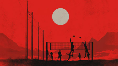 Volleyball poster. Volleyball wallpaper. Silhouette of a player on abstract background - colorful graphic designの写真素材