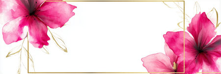 Watercolor flowers in pink tones with golden glitter outlines framing a clean white background. Pink watercolor flowers with golden edgesの写真素材