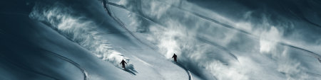Freeride skiers carving down snowy mountain slope creating powder clouds. Freeride skiingの写真素材