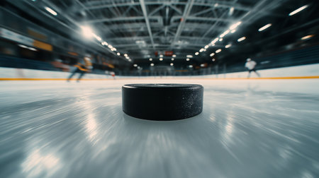 Hockey puck on ice rink with players in background. Ice hockey bannerの写真素材