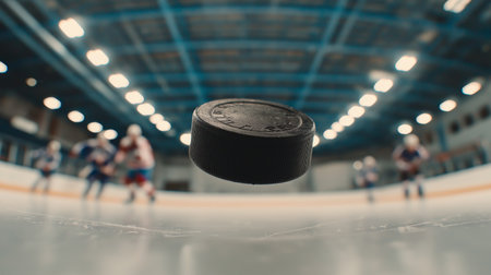 Hockey puck on ice rink with players in background. Ice hockey bannerの写真素材