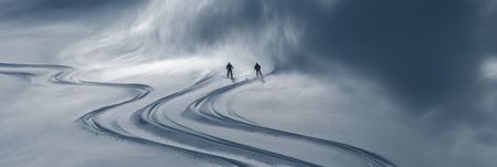 Freeride skiers carving down snowy mountain slope creating powder clouds. Freeride skiingの写真素材