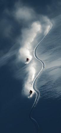 Freeride skiers carving down snowy mountain slope creating powder clouds. Freeride skiingの写真素材