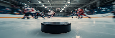 Hockey puck on ice rink with players in background. Ice hockey bannerの写真素材