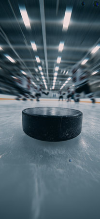 Hockey puck on ice rink with players in background. Ice hockey bannerの写真素材