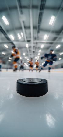 Hockey puck on ice rink with players in background. Ice hockey banner