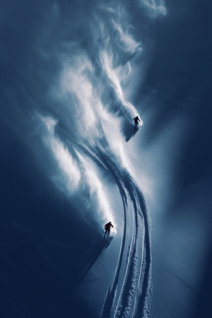 Freeride skiers carving down snowy mountain slope creating powder clouds. Freeride skiingの写真素材