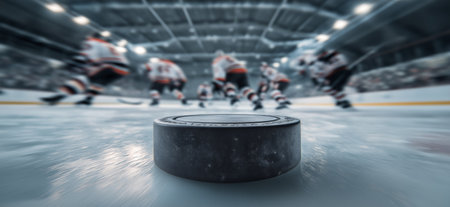 Hockey puck on ice rink with players in background. Ice hockey bannerの写真素材