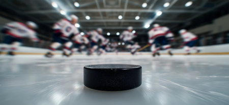 Hockey puck on ice rink with players in background. Ice hockey bannerの写真素材